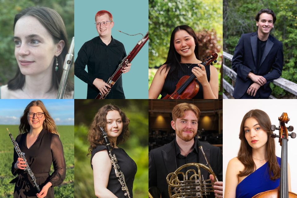 A collage of eight headshots showing a mix of young musicians holding different instruments